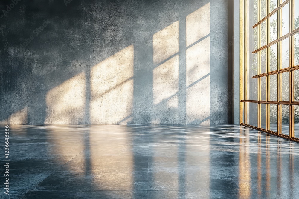 Minimalist Architectural Background with Gray Concrete Wall and Wooden Beams, Highlighted by Reflections on Wet Ground Minimalist Architectural Background with Gray Concrete Wall and Wooden Beams, Highlighted by Reflections on Wet Ground