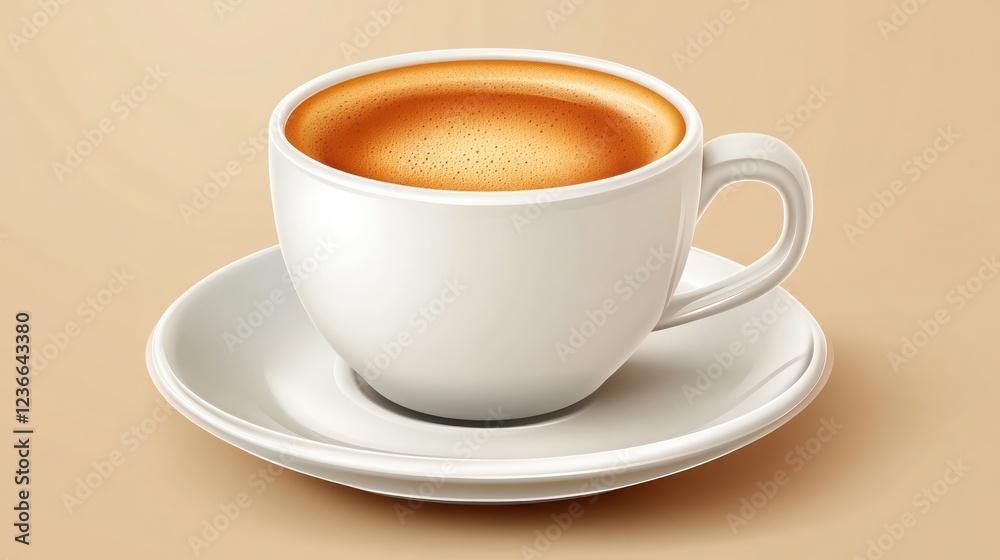 White ceramic espresso cup filled with hot coffee on a saucer. White ceramic espresso cup filled with hot coffee on a saucer.