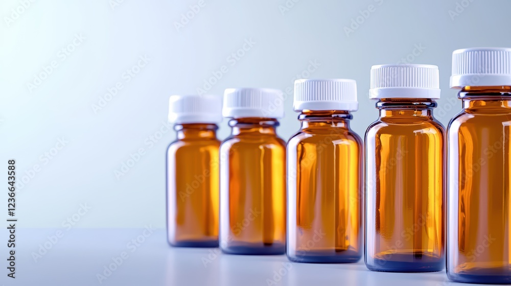 Row of amber bottles with white caps on smooth surface