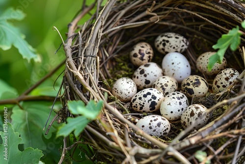 Small speckled eggs rest in a bird's nest made of twigs, nestled among green leaves, showcasing the beauty of nature