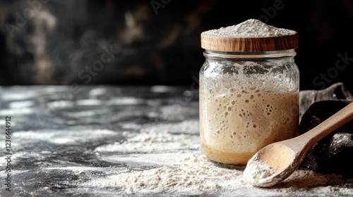 Traditional sourdough starter in a glass jar, bubbling with fermentation, wooden spoon and flour-dusted countertop, artisanal baking.