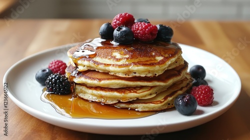 Stack of fluffy buttermilk pancakes with maple syrup and fresh berries, cozy breakfast setting, warm tones, inviting morning meal.
