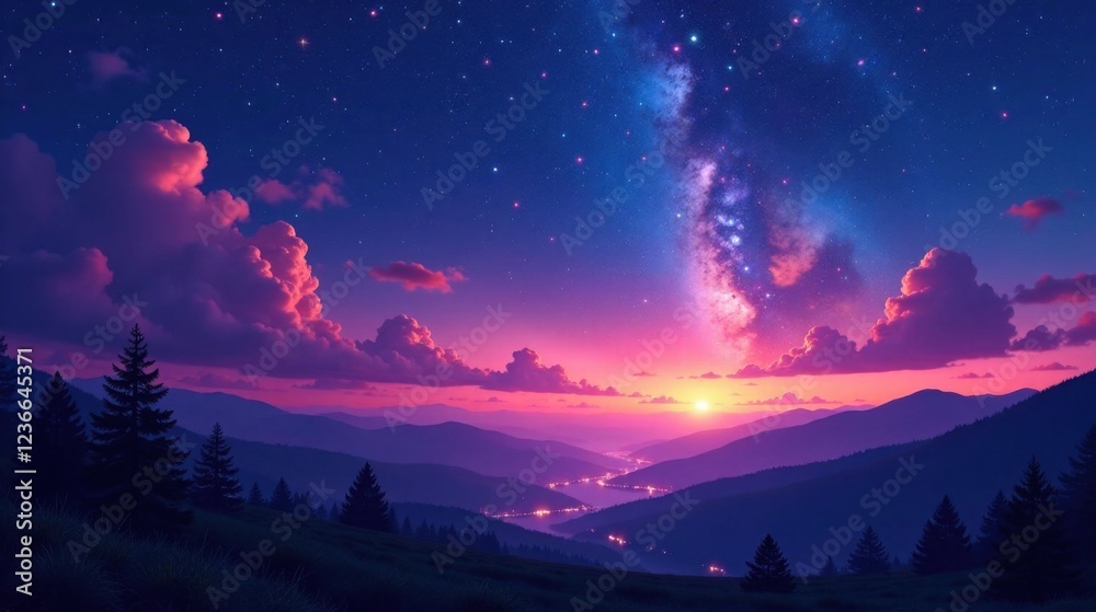Serene Sunset Vista Majestic Mountains, Starry Night Sky, and a Valley Aglow with Lights Serene Sunset Vista Majestic Mountains, Starry Night Sky, and a Valley Aglow with Lights
