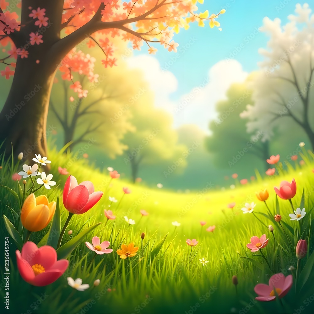 Fototapeta premium Spring Meadow Fantasy: A Breathtaking Scene of Tulips and Blossoms