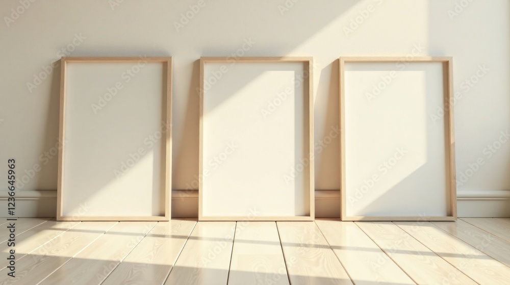Three Blank Light Wood Frames Against a Neutral Wall in a Sunlit Room Three Blank Light Wood Frames Against a Neutral Wall in a Sunlit Room