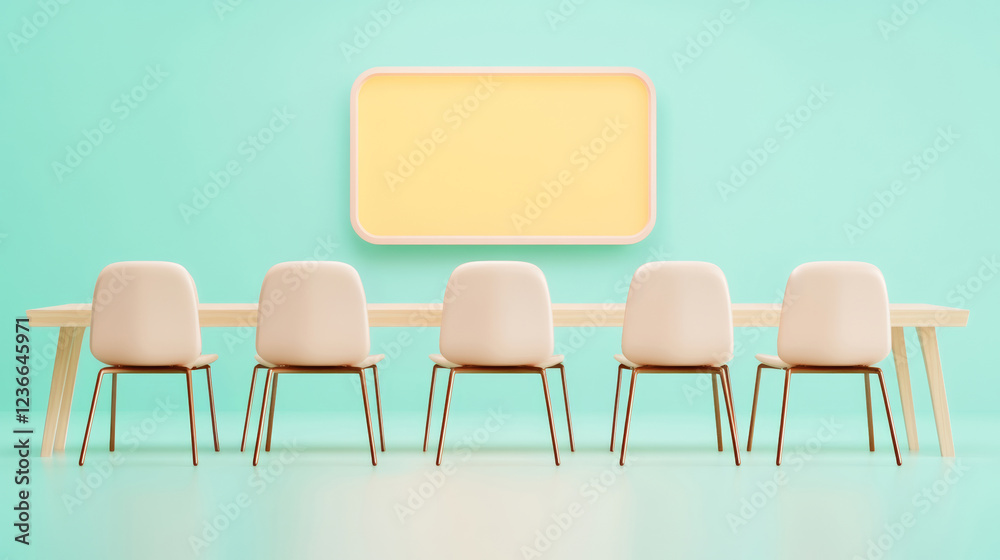 Pastel Chairs and Yellow Rectangle in Minimalist Room Setting Pastel Chairs and Yellow Rectangle in Minimalist Room Setting