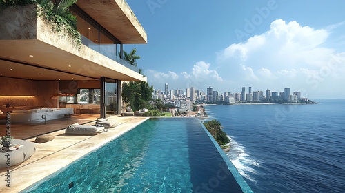 Modern cliffside mansion with infinity pool overlooking cityscape and ocean.