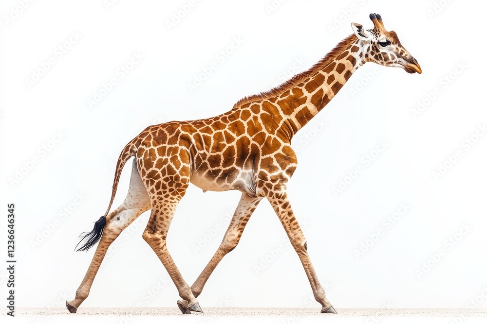 Giraffe walking in side view isolated on a white background, clipping path. Giraffe walking in side view isolated on a white background, clipping path.
