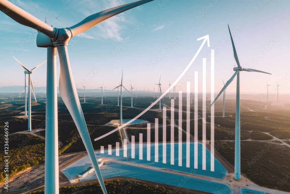 Impact of renewable energy sustainability jobs concepts. Wind turbines with a rising graph showing growth in renewable energy production. Impact of renewable energy sustainability jobs concepts. Wind turbines with a rising graph showing growth in renewable energy production.