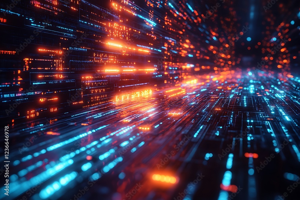 Abstract digital data stream flowing in a futuristic tunnel with glowing lines of blue and orange. Abstract digital data stream flowing in a futuristic tunnel with glowing lines of blue and orange.