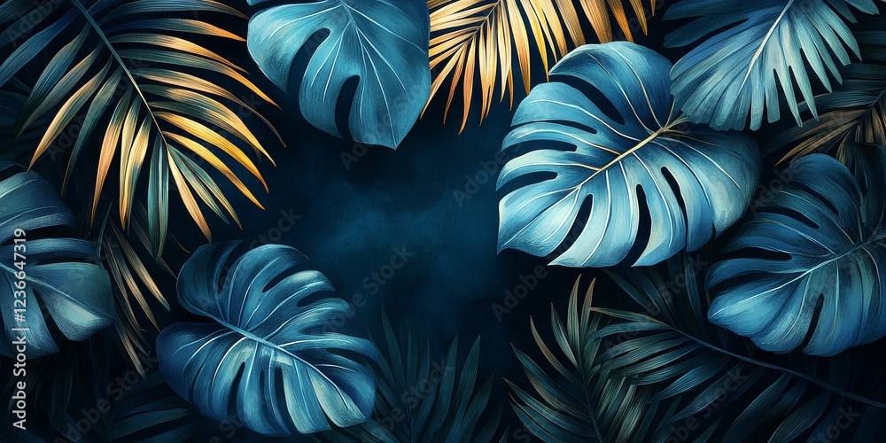 Teal and black watercolor palm leaves seamless pattern on dark background, tropical botanical illustration. Teal and black watercolor palm leaves seamless pattern on dark background, tropical botanical illustration.