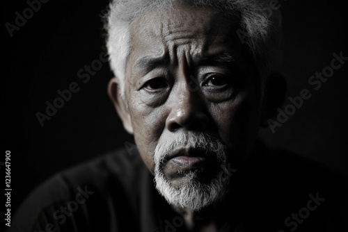 Elderly Asian man portrait, serious expression, dark background, for articles about aging.
