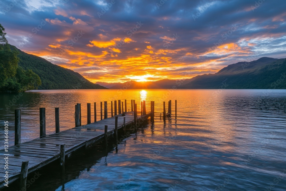 A picturesque sunset over the lake, with vibrant hues painting the sky and reflecting on the calm waters near an old wooden dock. A picturesque sunset over the lake, with vibrant hues painting the sky and reflecting on the calm waters near an old wooden dock.