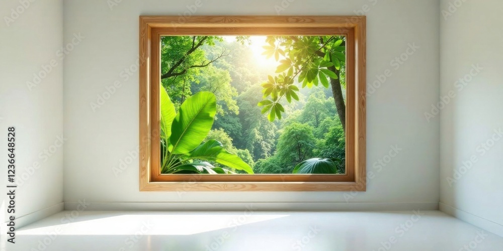 Serene interior room with a light-filled window showcasing a lush, vibrant jungle vista, offering a peaceful and calming atmosphere Serene interior room with a light-filled window showcasing a lush, vibrant jungle vista, offering a peaceful and calming atmosphere
