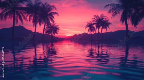 Pink Sunset Over Tropical Island Paradise Palm Trees