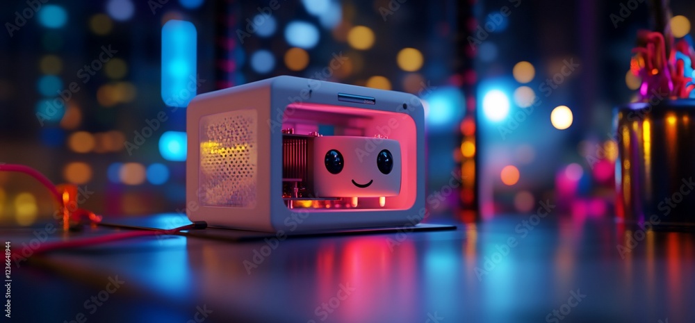 Fototapeta premium A cute AI device with a smiley face in a futuristic setup with neon lights