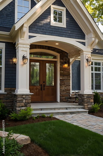Wallpaper Mural Elegant Home Exterior: Modern Architecture, Stone Facade, and Landscaped Entrance Torontodigital.ca
