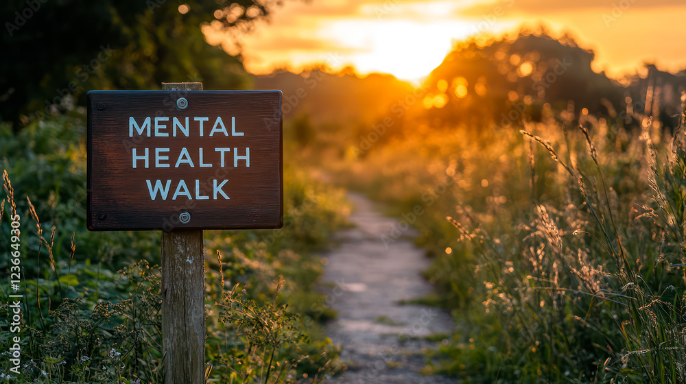 Obraz premium Wooden road sign reading Mental Health Walk, beautiful meadow footpath in the background
