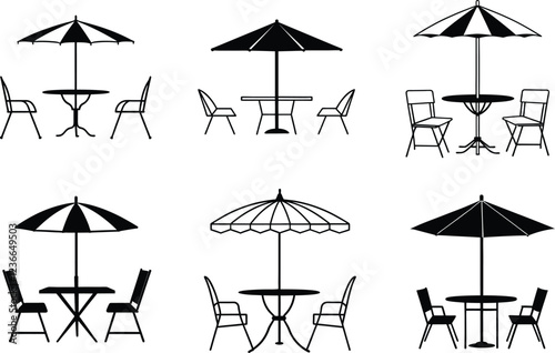 patio table with umbrella cafe chair table umbrela set set of silhouette. patio table with umbrella cafe chair table umbrela set icon set vector on white background
