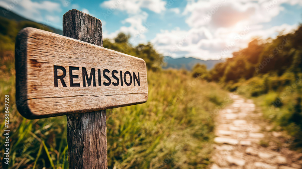 Obraz premium Footpath in idyllic field, wooden sign reading Remission