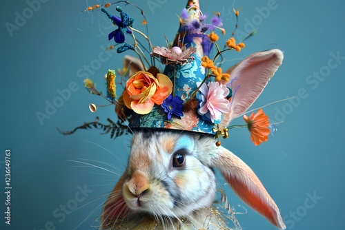 Close up of a charming rabbit adorned with vibrant floral hat and makeup, showcasing a whimsical and artistic concept photo