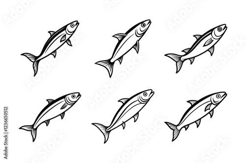 sardine fish design, labeled line art vector illustration.