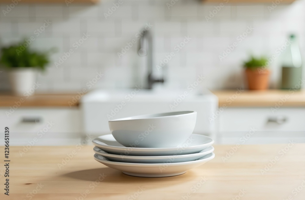 White plates and saucer on the wooden table, modern kitchen interior White plates and saucer on the wooden table, modern kitchen interior