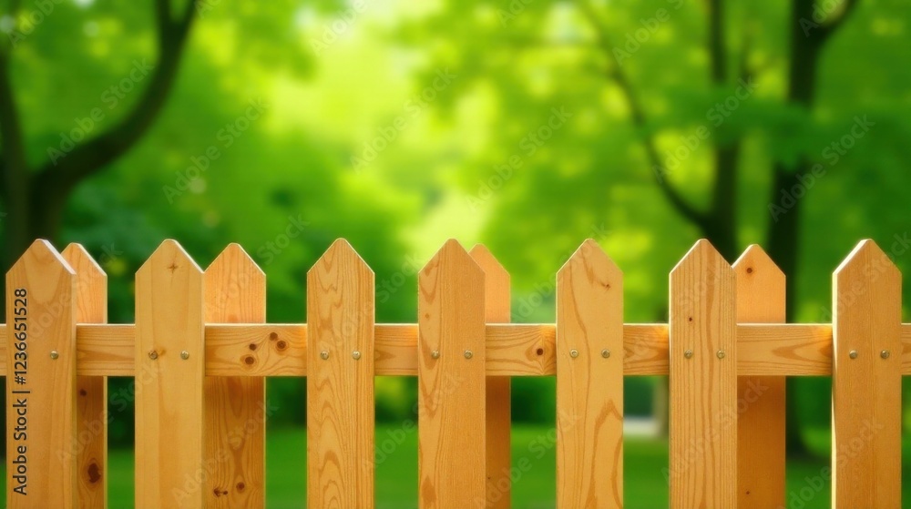 Wooden picket fence section against a blurred verdant background, showcasing natural wood texture and idyllic outdoor setting. Wooden picket fence section against a blurred verdant background, showcasing natural wood texture and idyllic outdoor setting.