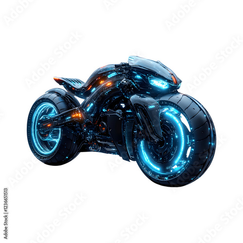 Sleek Cyberpunk Motorcycle with Glowing Tires Isolated on Transparent Background