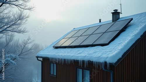 Wallpaper Mural 10 solar panels on the roof of a house on a cloudy day with poor outside light. The panels on the roof are covered with a layer of ice and there are icicles on the edge of the roof Torontodigital.ca