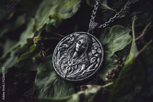 Freyjas enchanting necklace Brisingamen surrounded by lush greenery at twilight photo