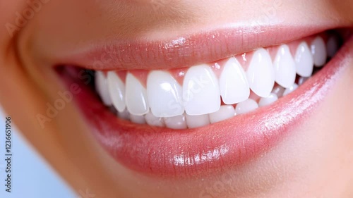 Close up of bright smile with white teeth and healthy pink lips for radiant look.