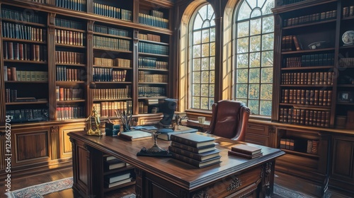 Luxurious library study with wooden desk and bookshelves photo