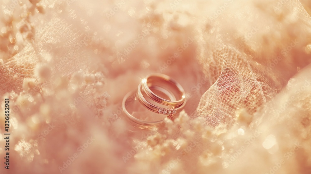 Fototapeta premium Golden Wedding Rings Resting on Delicate Fabric