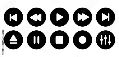 digital media player user interface buttons, analog black round solid pictogram vector set