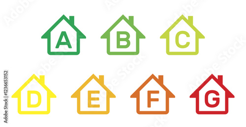 house energy efficiency rating, european union ecological classes from green a to red g, outline vector icons set