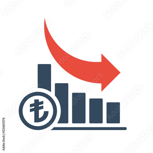 bar chart with falling exponential trend and red arrow, turkish lira negative dynamic concept, turkish currency positive inflation indicator