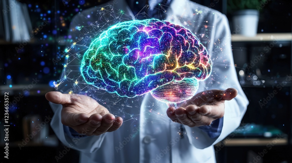 Digital Representation of Human Brain in Doctor's Hands with Glow Digital Representation of Human Brain in Doctor's Hands with Glow