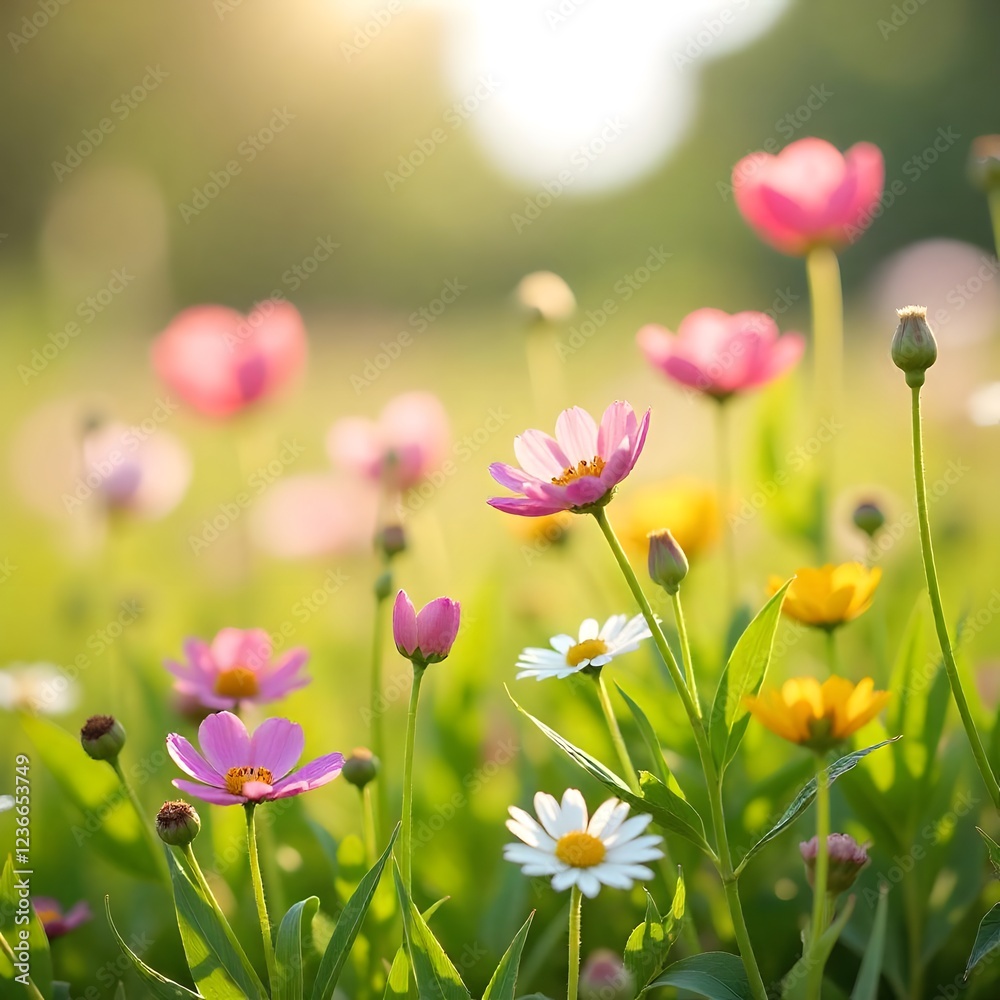 Sunlit Meadow of Delicate Blossoms: A Serene Springtime Scene Sunlit Meadow of Delicate Blossoms: A Serene Springtime Scene