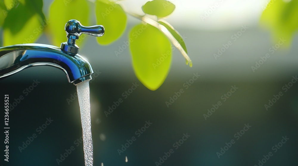 Water Flowing From a Silver Faucet Against Green Leaves Water Flowing From a Silver Faucet Against Green Leaves