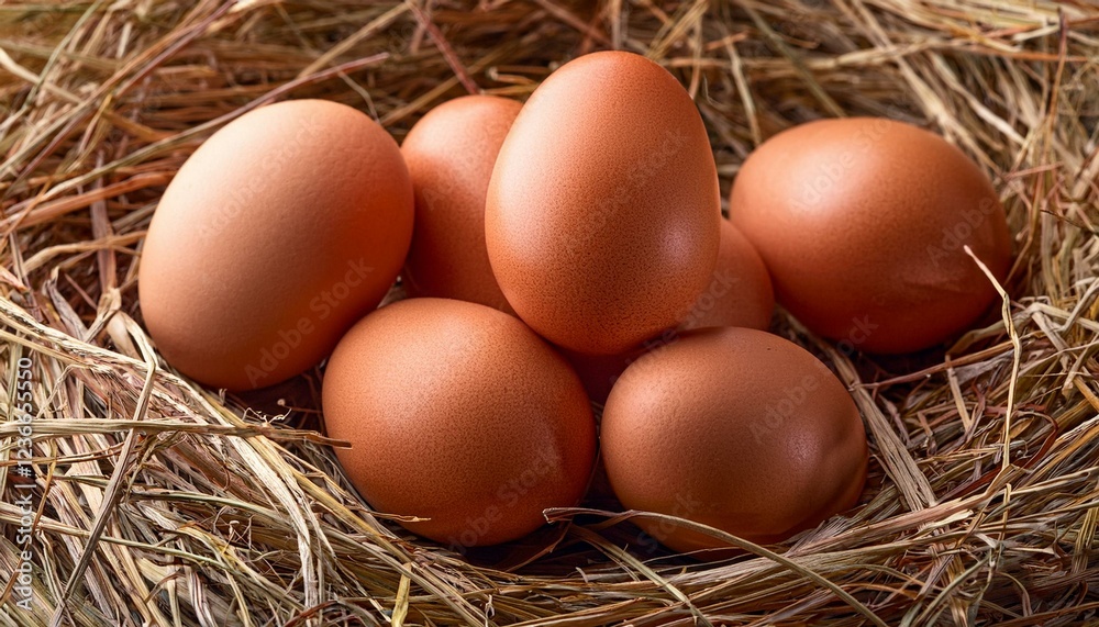 Pile of raw brown chicken eggs in straw Pile of raw brown chicken eggs in straw