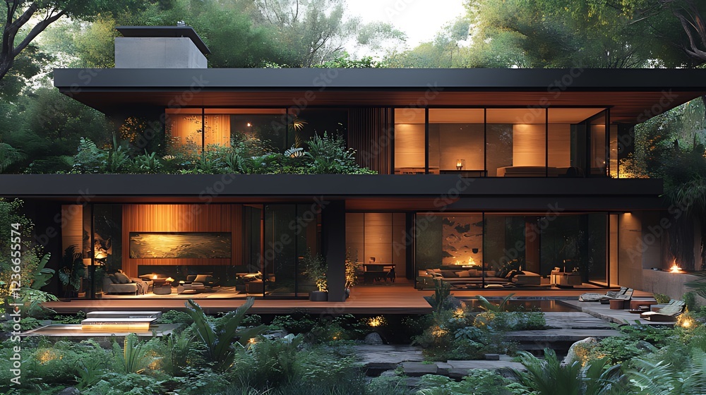 Modern house nestled in lush forest, showcasing large windows, open floor plan, and outdoor spaces. Modern house nestled in lush forest, showcasing large windows, open floor plan, and outdoor spaces.