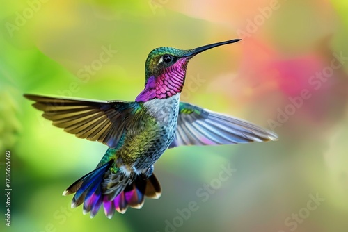 Vibrant hummingbird hovers in mid air, its colorful feathers and outstretched wings creating a spectacle of nature's beauty