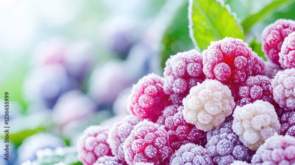 Frozen raspberries and blueberries, garden background, fresh harvest, food photography Frozen raspberries and blueberries, garden background, fresh harvest, food photography