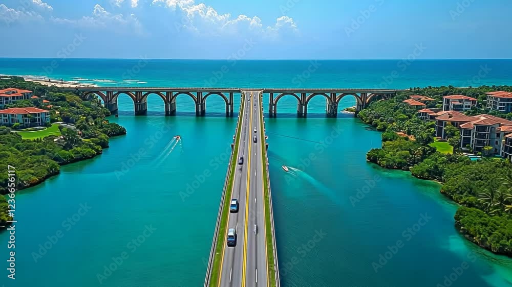 Aerial view of a coastal bridge with vehicles crossing over turquoise waters Aerial view of a coastal bridge with vehicles crossing over turquoise waters