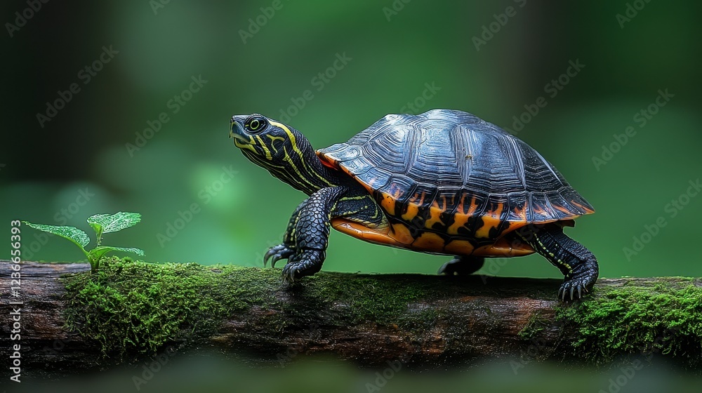 Turtle walking on mossy log, rainforest background, nature wildlife Turtle walking on mossy log, rainforest background, nature wildlife