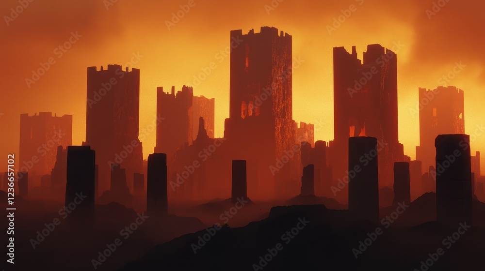 Dramatic Silhouette of Abandoned Buildings Against Fiery Sunset Sky Dramatic Silhouette of Abandoned Buildings Against Fiery Sunset Sky
