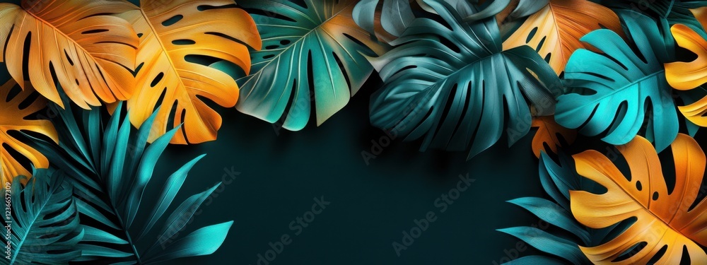 Fototapeta premium Tropical Paradise: Vibrant Teal and Golden Monstera Leaves Banner