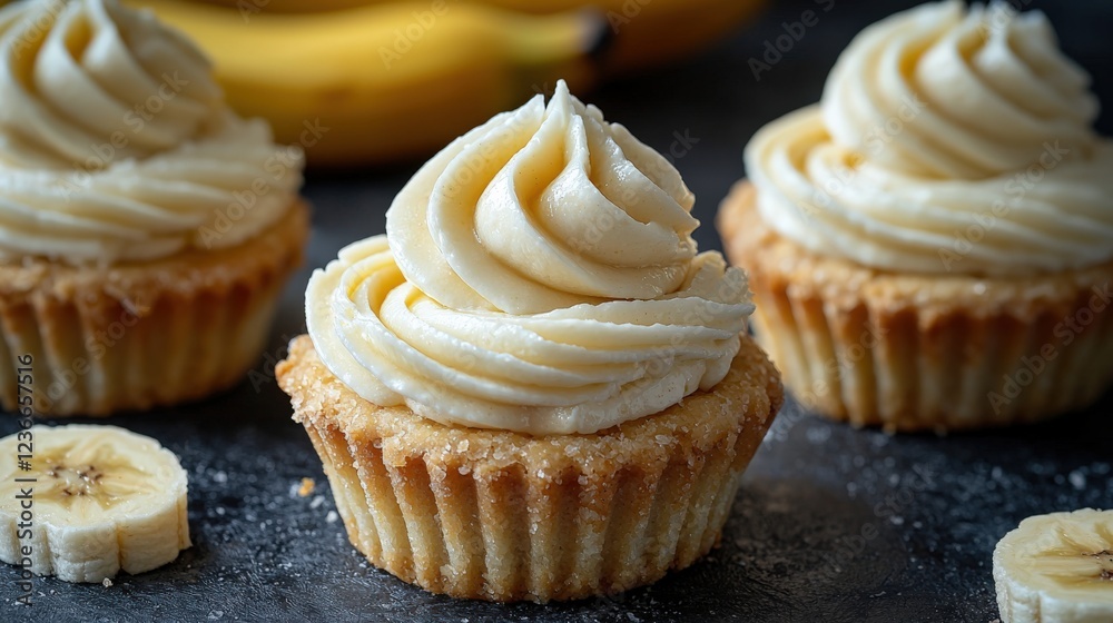 Delicious Banana Cupcakes with Creamy Frosting on Rustic Background