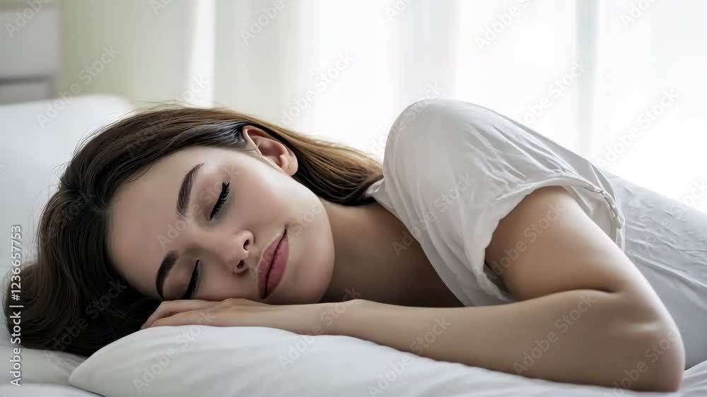 Young woman sleeping in bed. Caucasian attractive girl hugging soft white pillow. Happy Lady enjoys fresh soft bedding linen, mattress in bedroom lying closed eyes. Good sleep concept. Sunny morning. Young woman sleeping in bed. Caucasian attractive girl hugging soft white pillow. Happy Lady enjoys fresh soft bedding linen, mattress in bedroom lying closed eyes. Good sleep concept. Sunny morning.